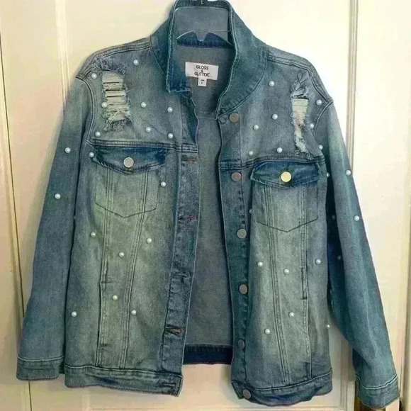 Gloss & Glitter Jackets & Blazers - NWT Gloss + Glitter oversized distressed pearl jean jacket-size L